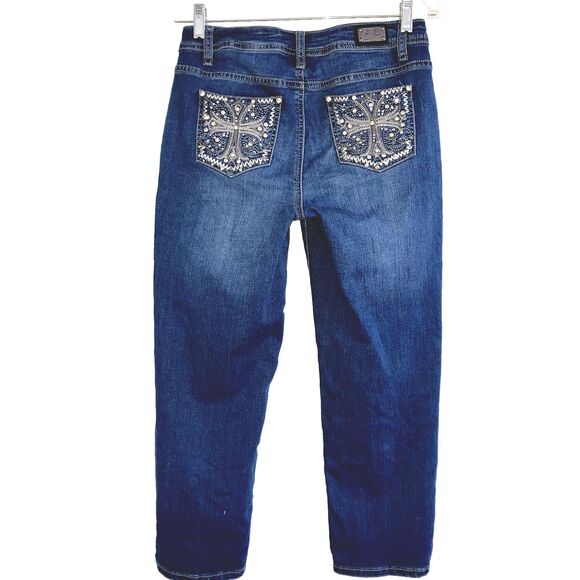 EARL JEAN  Blue Rhinestone Cotton Stretch Denim Jeans Capri Cropped Embroidered - Picture 4 of 8